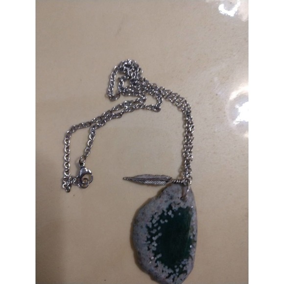 Blue stone Necklace w feather charm boho - Picture 6 of 12